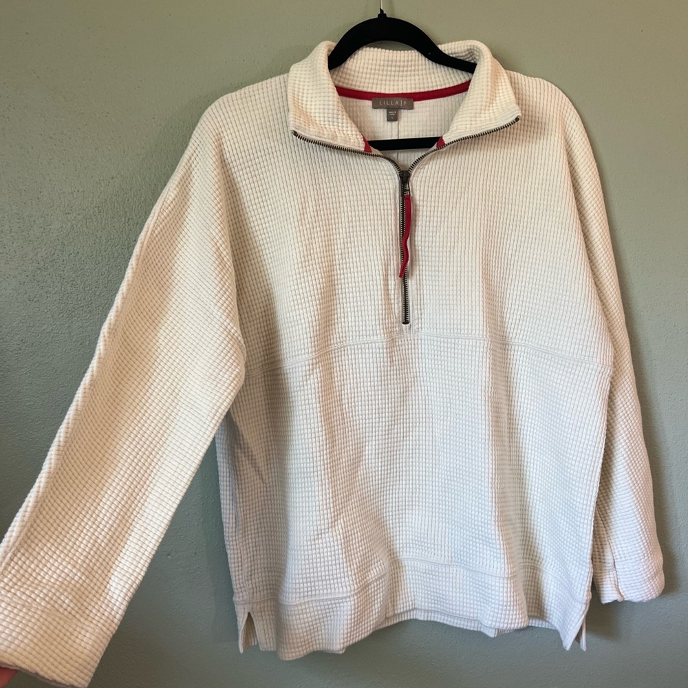 Lilla P Cream Waffle-Knit Quarter-Zip Sweater with Red Trim